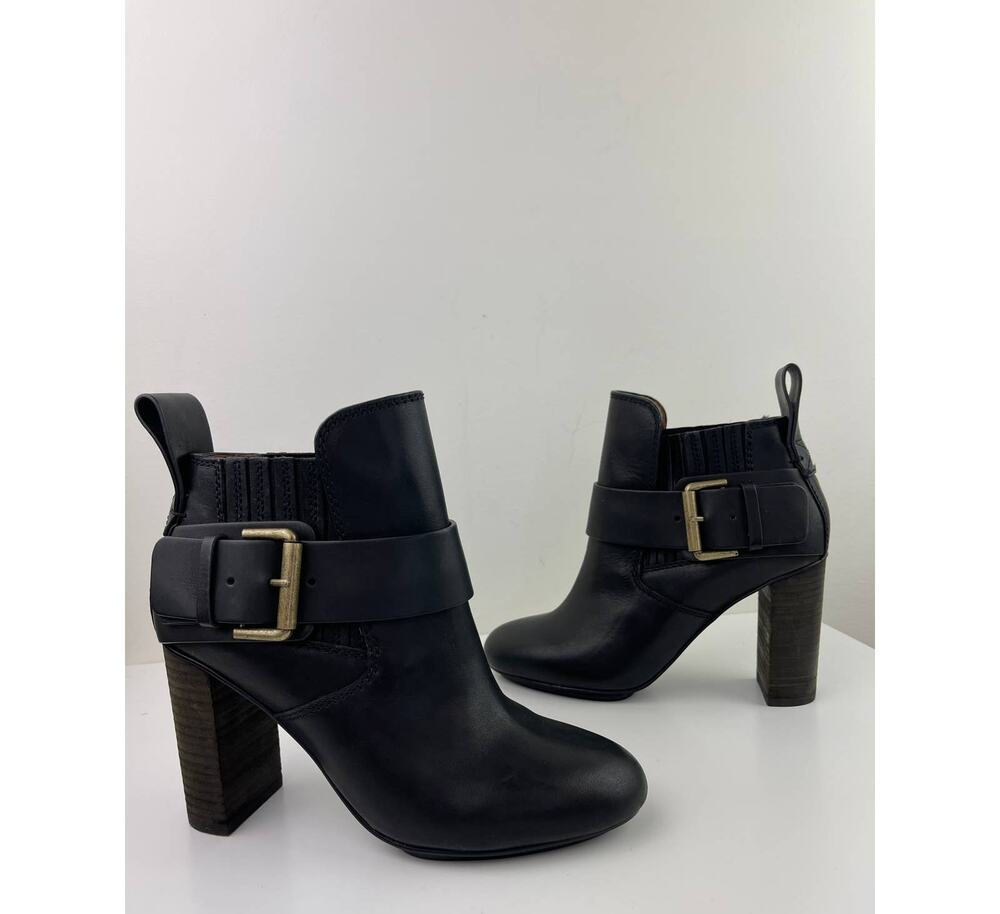 SEE By CHLOE Black Cappa Ankle Block Heel Booties Boots Buckle Leather 37 NEW
